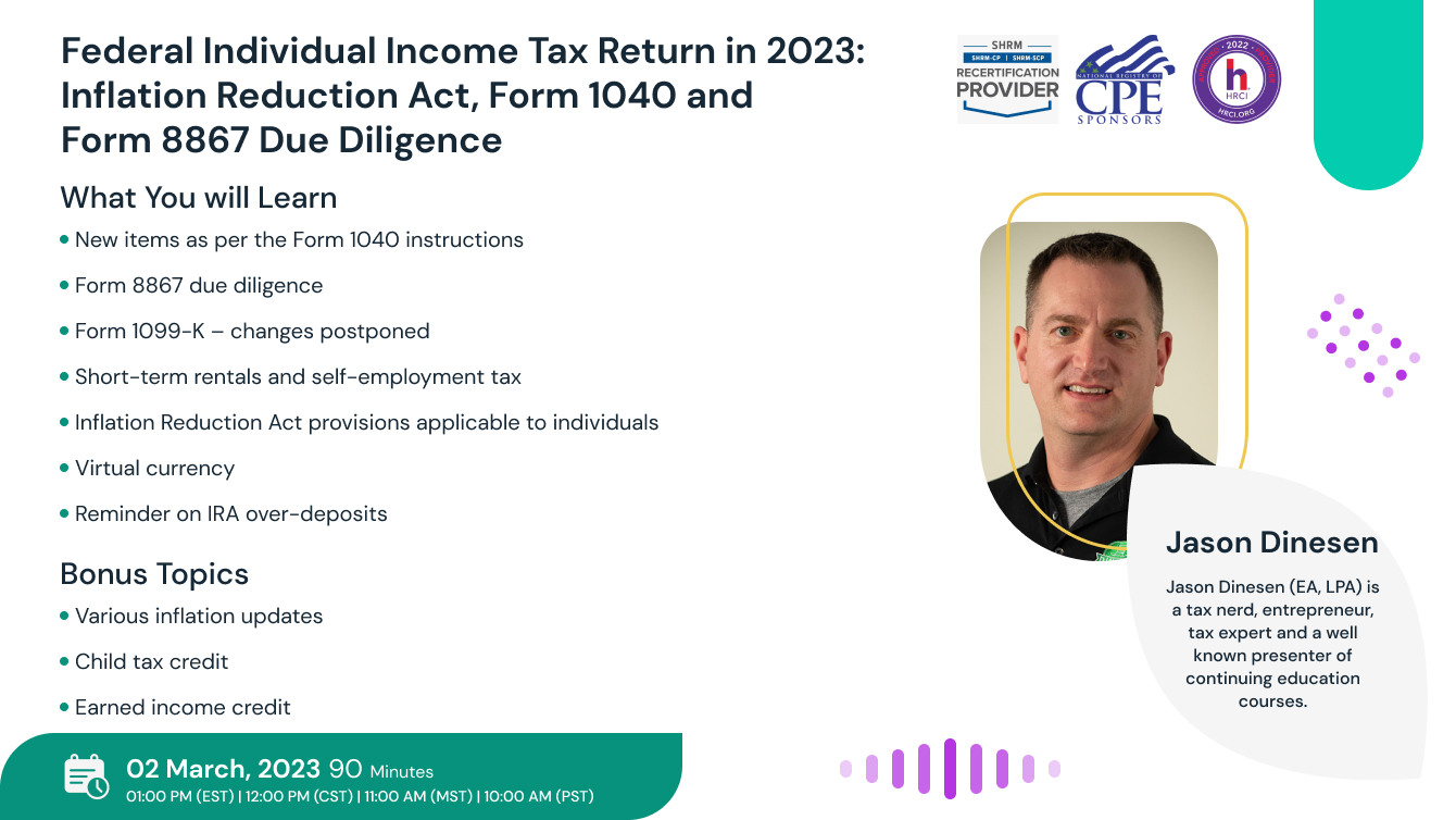 Federal Individual Income Tax Return in 2023: Inflation Reduction Act, Form 1040 and Form 8867 Due Diligence
