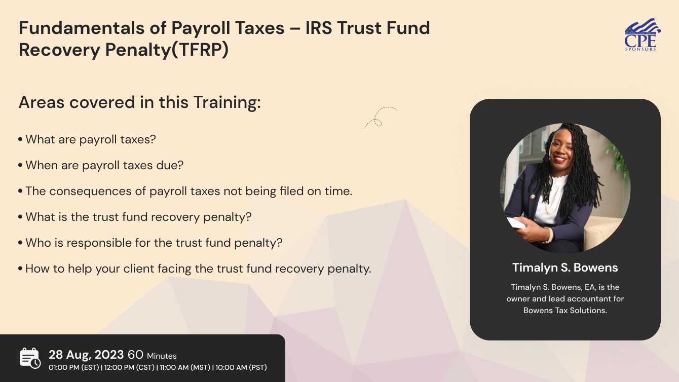 Fundamentals of Payroll Taxes – IRS Trust Fund Recovery Penalty(TFRP)